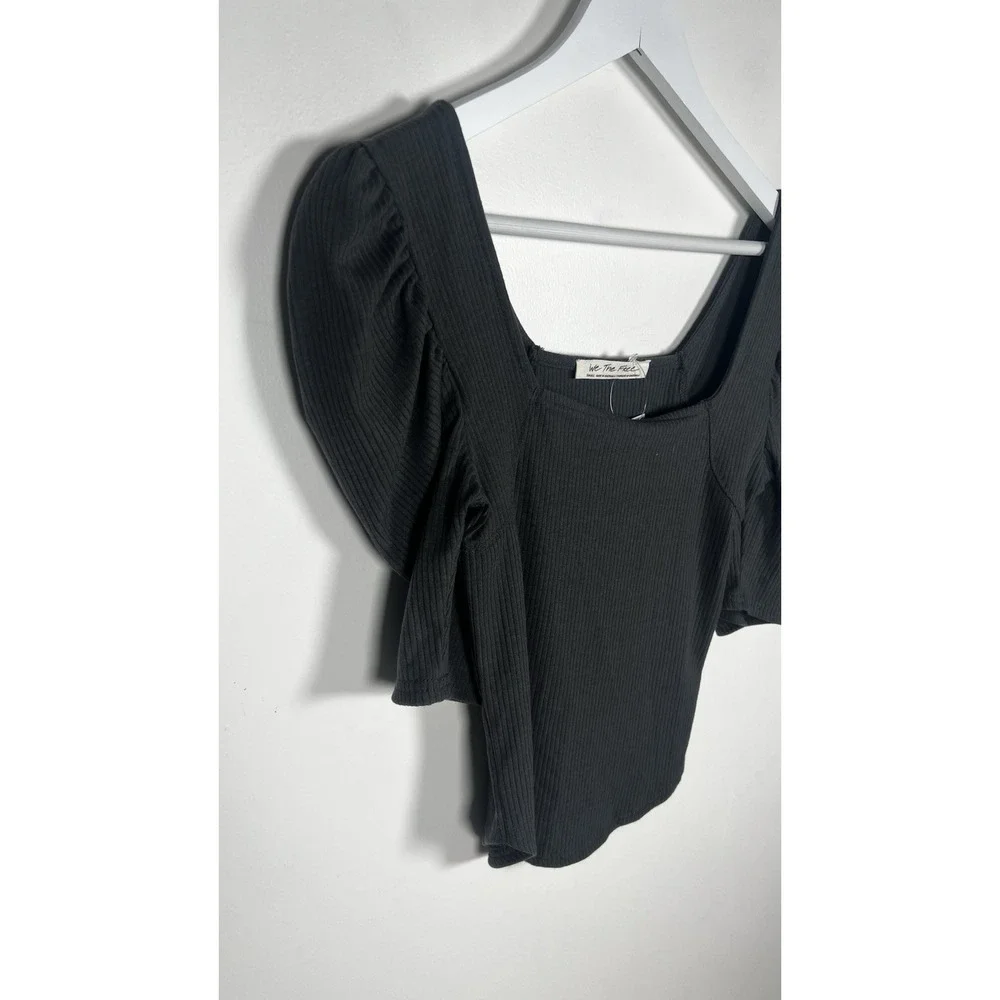 Free People Size Small Black Knitted Night Lily Rib Puff‎ Sleeve Blouse Top NEW